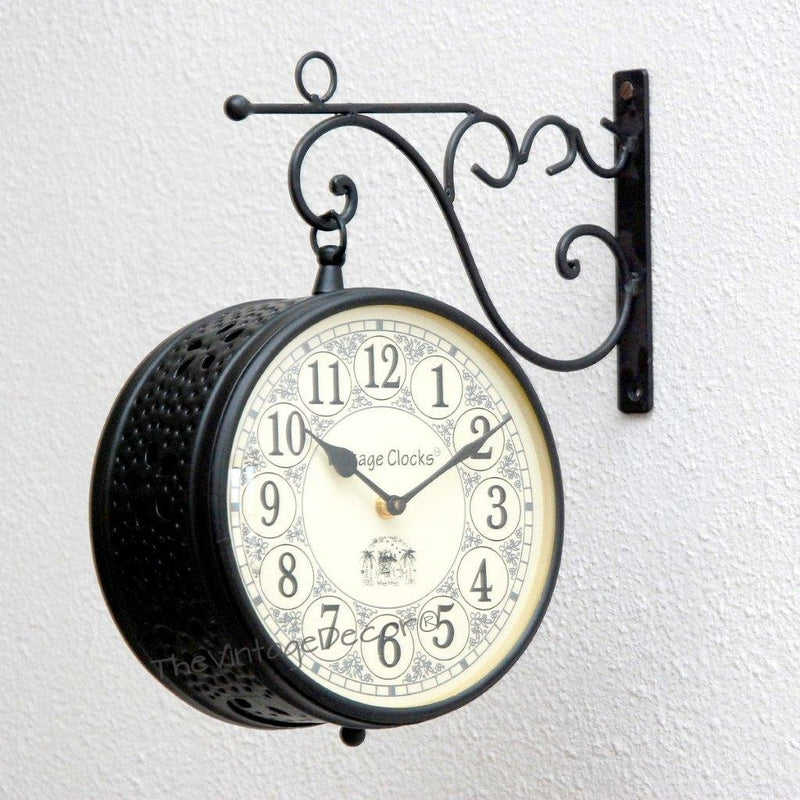 Vintage Clock Iron Handcrafted Double Side Clock(8x8-inch, Black)