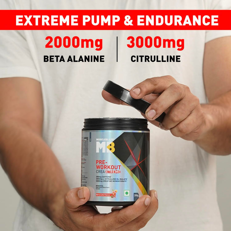 MuscleBlaze Pre Workout Crea-Xtreme (Berry Lime, 200g, 20 Servings) | 3000 mg Creatine Monohydrate, 200mg Caffeine, 200mg Theanine, 2000mg Beta Alanine