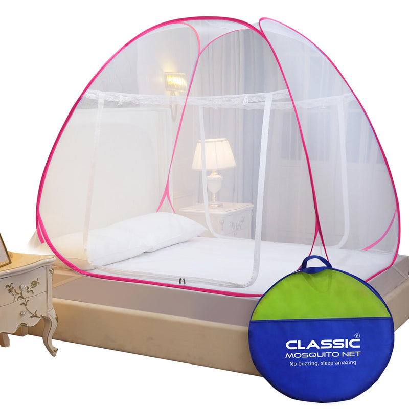 Classic Mosquito Nets for Bed King Size | Polyester Strong Net | Coated Corrosion Resistant Steel Wire - Pink