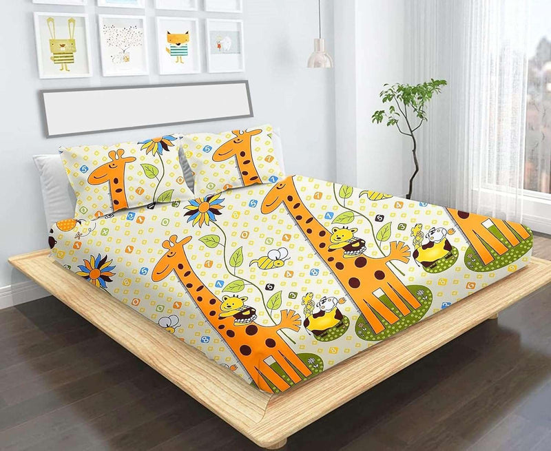 Premium Cotton All Around Elastic Fitted Double Bed Bedsheet (72” x 78”) with 2 Pillow Covers (16" x 26") (BS16 (B) Yellow Animal)