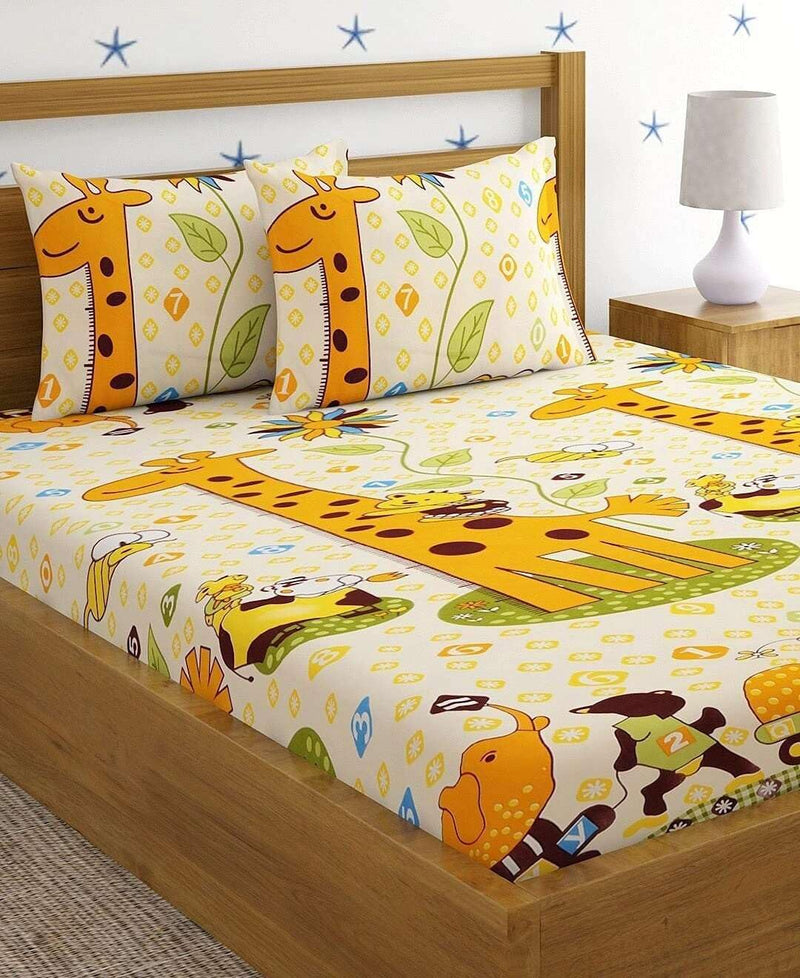 Premium Cotton All Around Elastic Fitted Double Bed Bedsheet (72” x 78”) with 2 Pillow Covers (16" x 26") (BS16 (B) Yellow Animal)