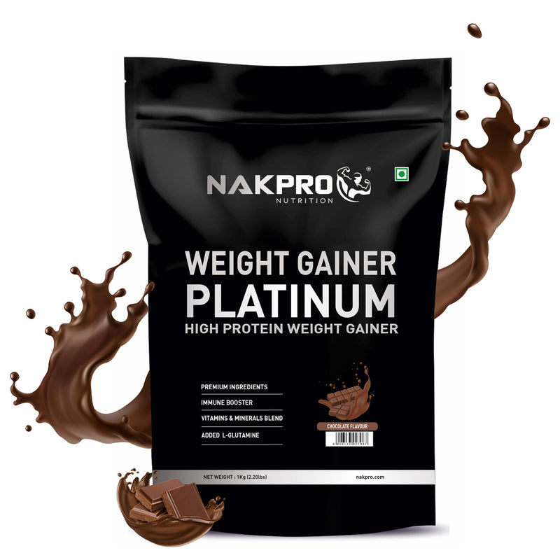 NAKPRO Platinum Weight Gainer | 20g Protein, 66.45g Carb, 3.52g Fat per serve | Added Vitamins & Minerals (Chocolate, 1 Kg)