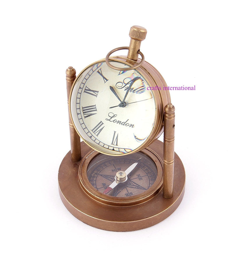 Brass Antique Desktop Clock with Compass Nautical Home Office Decor Desk Top