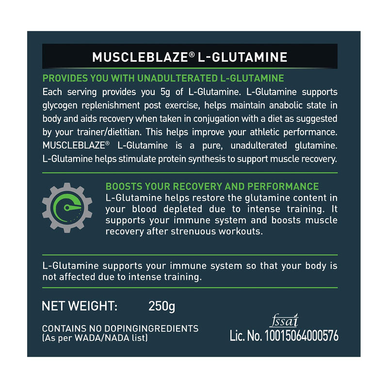 MuscleBlaze L- Glutamine, Post Workout Recovery Powder for Adults , 5 g Glutamine (Unflavoured, 250 gm, 50 Servings)