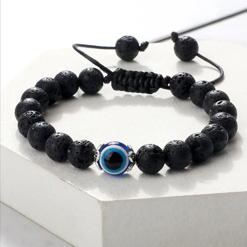 Fashion Frill Stylish Bracelet For Women Lava Stone Evil Eye Black Adjustable Bracelet For Men Women Girls Boys Love Gifts