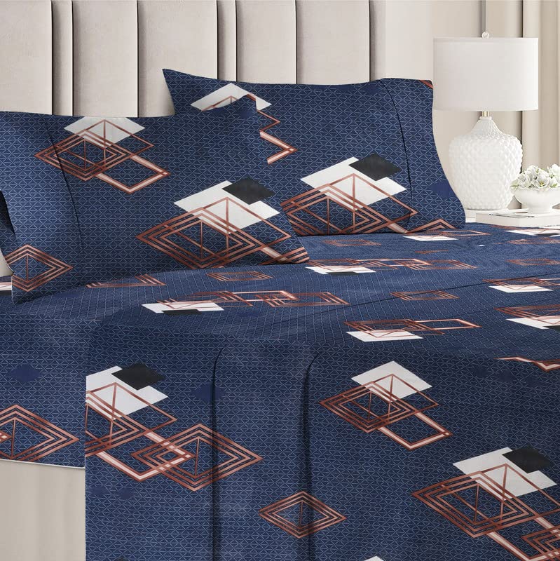 BSB HOME 120 TC Double Floral Bedsheet with 2 Pillow Covers | 110 GSM Soft Brushed Microfiber - Breathable & Wrinkle Free - (86 X 88 Inch, Dark Blue & Brown & Beige)