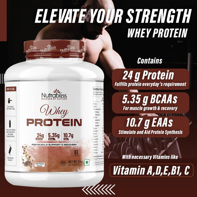 Nutrabliss Premium Pure Whey Protein Concentrated blended with digestive enzymes and probiotics | 100% tested and guaranteed Whey Protein - 24 Gram Protein per serving (Cafe Mocha, 2 Kg)