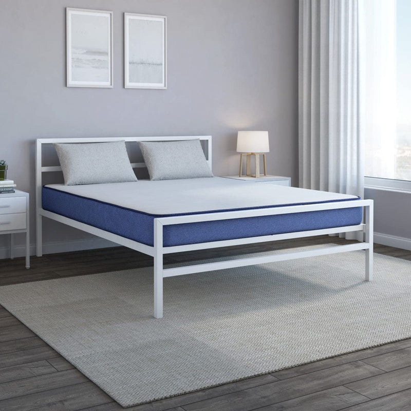 Nilkamal SLEEP Queen Size Striker Classic Metal Bed with Plus Memory Foam 6 Inch Orthopaedic Mattress, Comes with Soft Cover, Firmness Premium Mattress (White & Blue, 78 x 60)