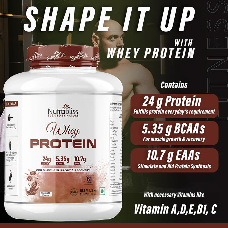 Nutrabliss Premium Pure Whey Protein Concentrated blended with digestive enzymes and probiotics | 100% tested and guaranteed Whey Protein - 24 Gram Protein per serving (Chocolate, 2 Kg)