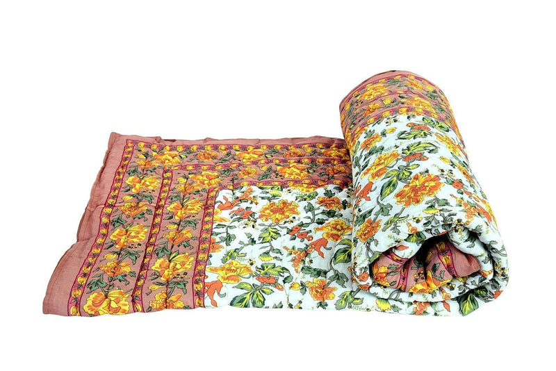 Kiyu Fashion 300 TC Single Bed Jaipuri Razai Organic Pure Cotton Jaipuri rajai Ac Quilt Soft Light Weight Cotton Comforter (Orange Mugal Print, Single Bed - 85x55 Inch)