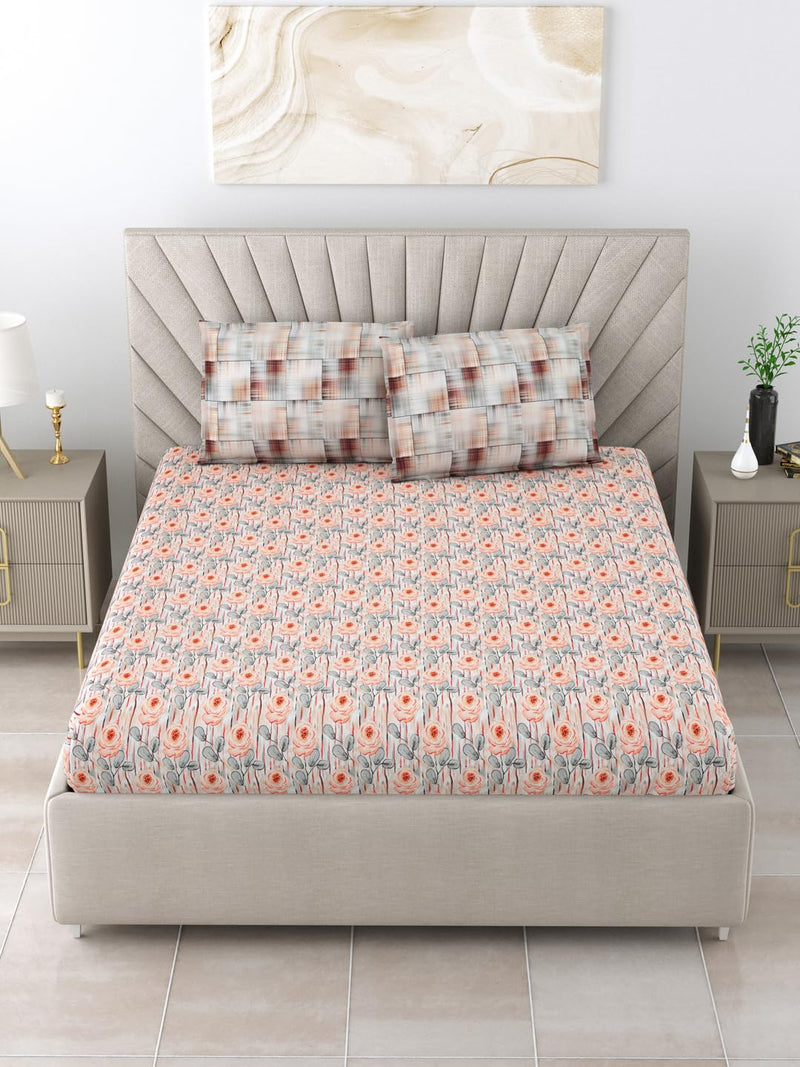 Salona Bichona Peach Floral Printed Cotton 300 Tc King Size Bedsheet with 2 Pillow Covers