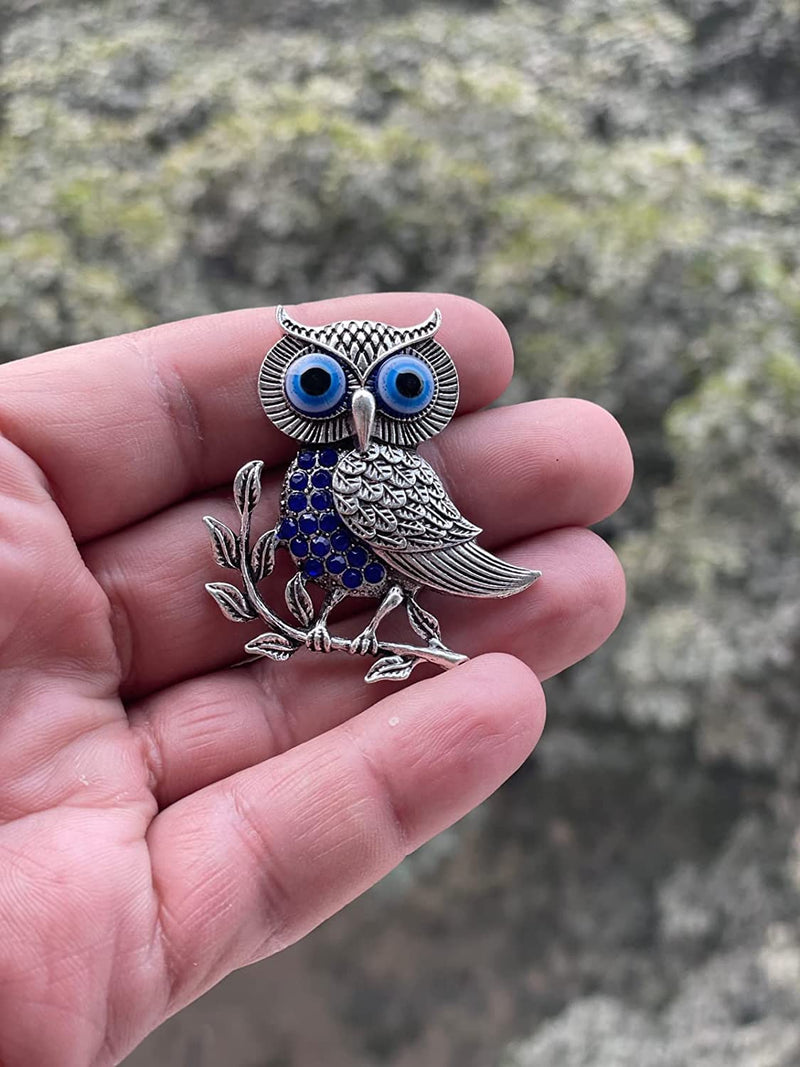 BLUE BEADS Silver Owl Turkish Evil Eye Fridge Refrigerator Sticker Magnet - Sign of Good Luck & Protection Unique Souvenir Items Home and Office Decorative Things & Car Accessories