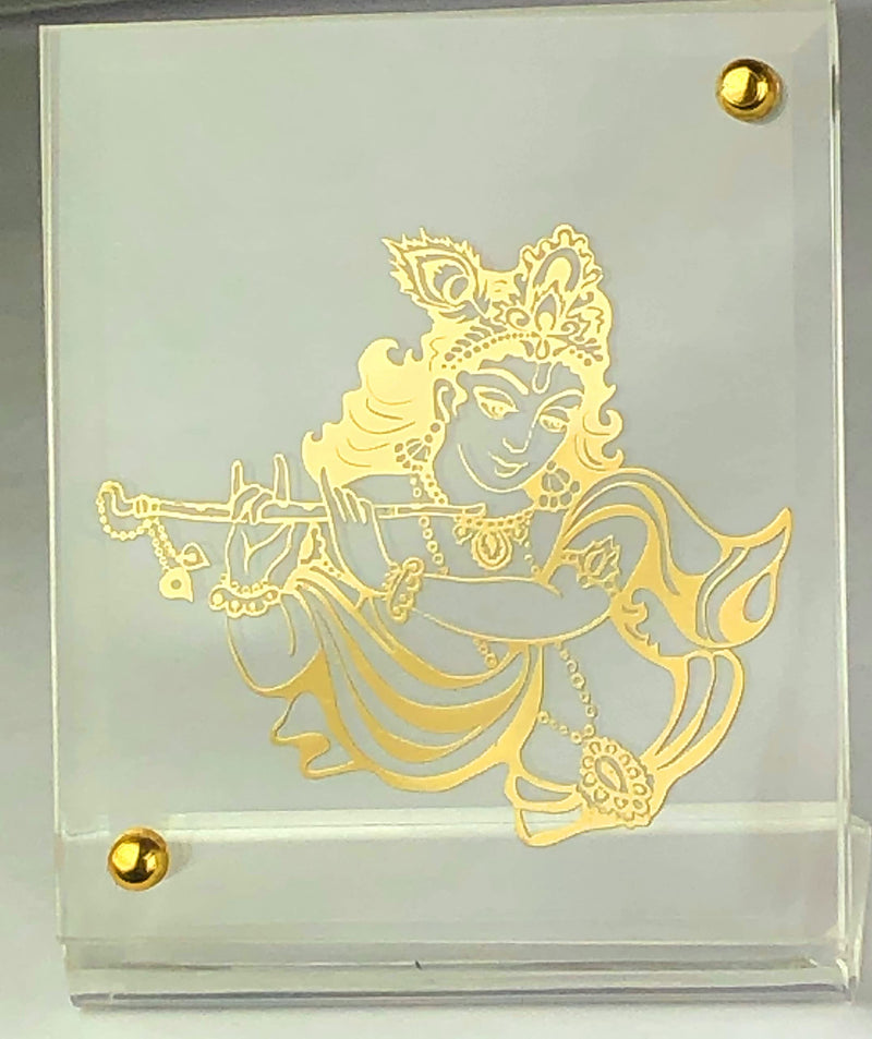 shree kreations Gold Plated Krishna Ji Photo Frame on Acrylic Stand for Car Dashboard, Home, Office Table