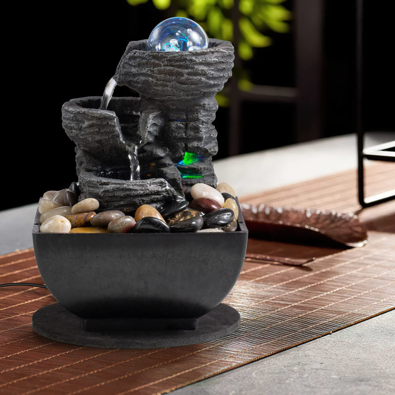 Tabletop Fountain Indoor Waterfall Meditation Fountain Like Layers of Rock Desktop Water Feature Includes Many Natural River Rock LED Lights Rolling Decorative Bubble Balls