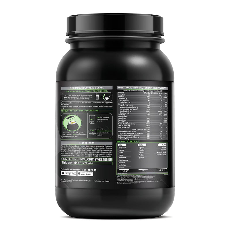 MuscleBlaze Plant Protein, 24 g Vegan Protein, 4.15 g BCAAs, No Added Sugars (Rich Chocolate, 1 kg / 2.2 lb)