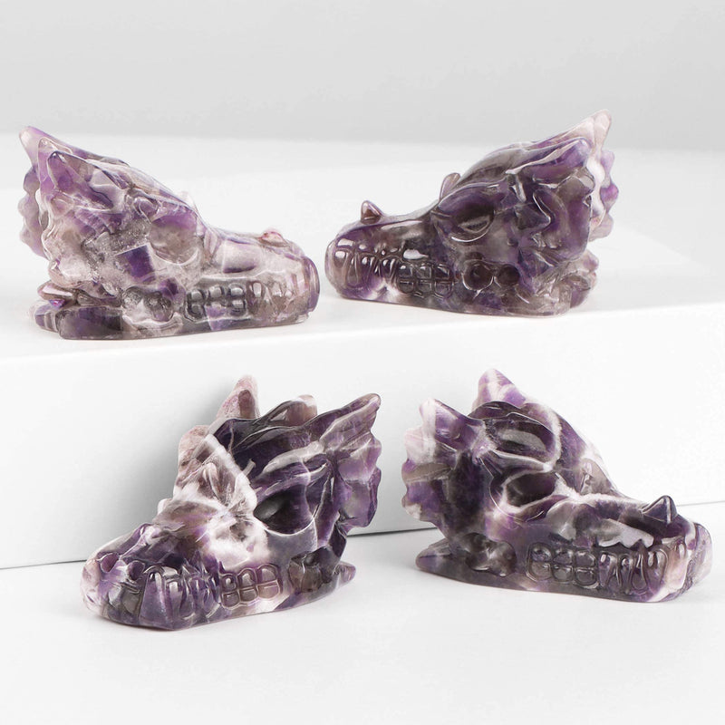 SMQ 2" Crystal Dragon Head Skull Hand Carved Realistic Dragon Head Statue and Figures Gemstone Fine Art Sculpture, Reiki Healing Stone Statue Dungeons and Dragons Fantasy Decor(Amethyst)