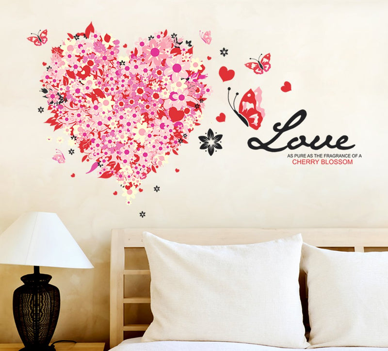 Wallstick ' Love (Flower Heart) with Butterfly ' Wall Sticker (Vinyl, 60 cm x 100 cm, Multicolor)