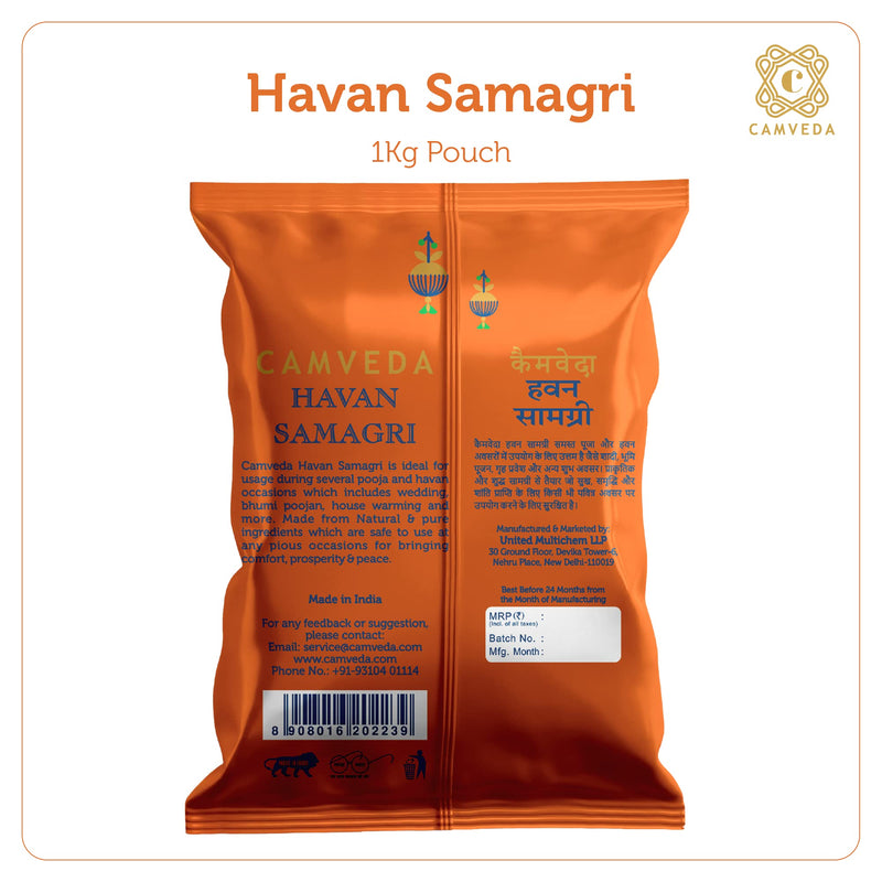 Camveda Hawan Samagri 1KG |100% Pure and Natural | Mixture of Various Dried Herbal Roots and Leaves for Vedic Yagya Pujan. Hawan Worship Pooja Samagri