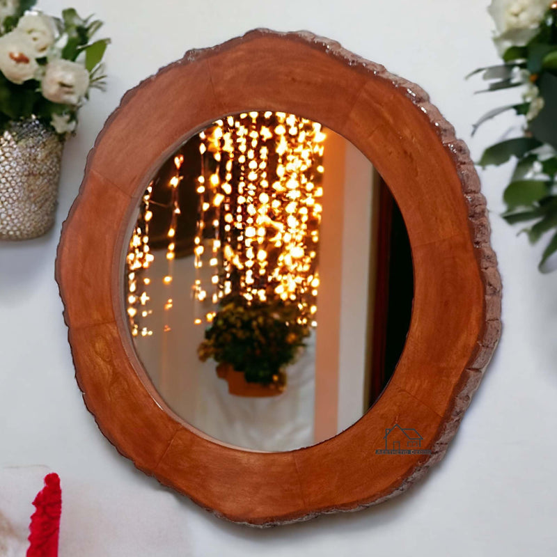 AESTHETIC DECOR Wooden Antique Handcrafted Frame with Wooden Bark Round Shape, with out Mirror Wall Mount for Makeup and Dressing,1.5" Inches Thickness (Natural Wood, 30x30) inch 2.5 feet