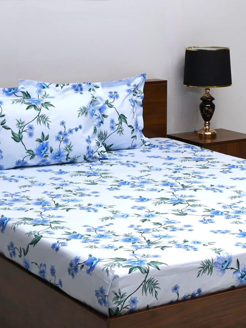 Bombay Dyeing Blue Floral Super Queen Size Bedsheet Set, 100/108 cm