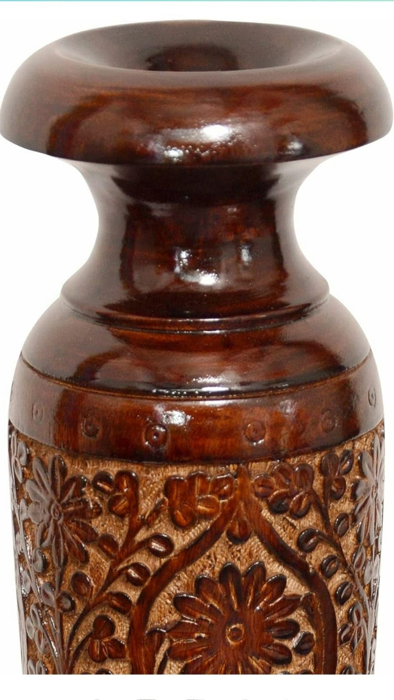 Blessing Handicrafts Antique Kashmiri Carving Flower Vase/Pot,Wood Carving Flower vase Round Shape Home Decorative Wooden Vase (20" inch) Wooden Nakkashi Pot Natural Brown Floor Decorative Item