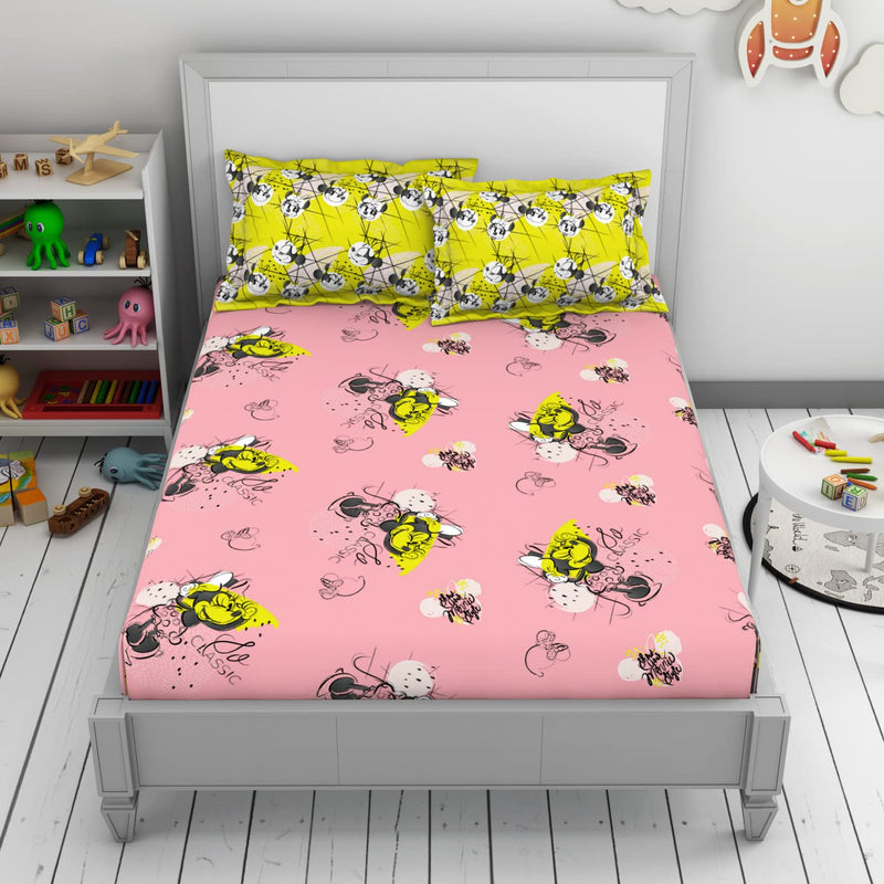 Disney Minnie 100% Cotton Breathable Machine Washable Great Value Double Bedsheet (Character, 229CMX254CM/43CMX68CM) - Pink