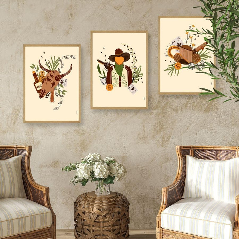 SAF paintings BOHO Set of 3 Modern Art Premium Brown frame Bohemian Painting for Wall Decoration Digital Reprint 13.5 inch x 10.5 inch Bohemian Painting (With Frame, Pack of 3) B158K3