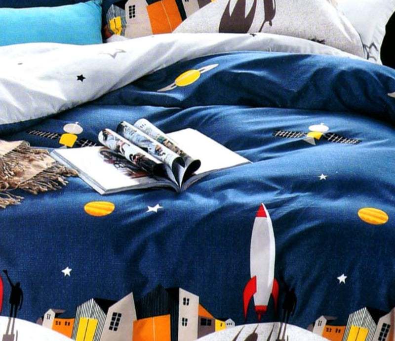 SHIVI CREATION Prime Collection 200TC Kids Bedsheet for Double 1 Bedsheet with 2 Pillow Cover (Queen,Multi) (Space Ship)