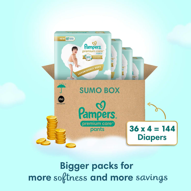 Pampers Premium Care Pants Style Baby Diapers, X-Large (XL) Size, 144 Count, All-in-1 Diapers with 360 Cottony Softness, 12-17kg Diapers