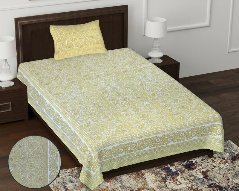 PITTAS 100% Pure Autoloom Cotton 2 Piece Set of Single Bed Bedsheet with Pillow Cover | Forever | 60 x 90 Inches | PHOOL | FOREVER-SB87 | Light Yellow