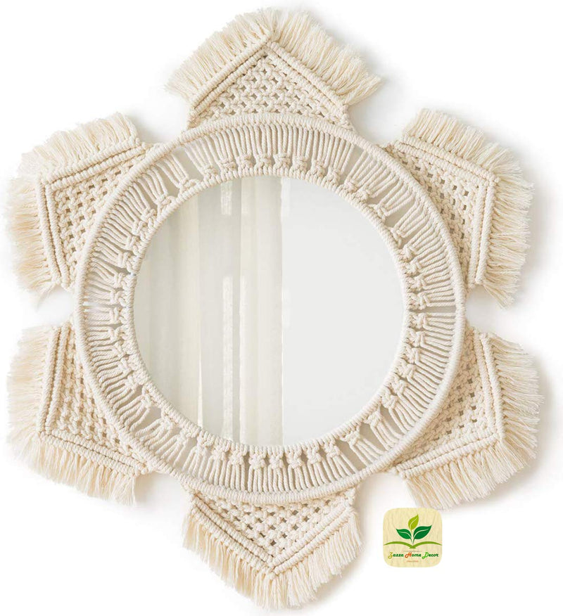 Zazza Home Decor Handmade Macrame Boho Wall Mount Hanging Rattan Round Mirror with Fringe (Off-White)