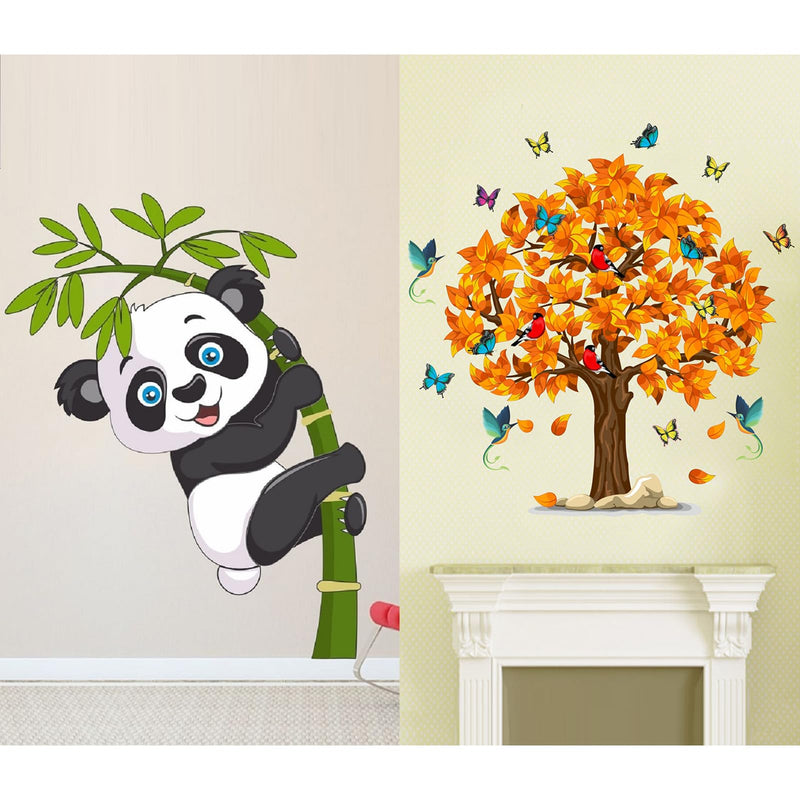 WALLBOOK Set of 2 Wall Stickers Baby Panda | Orange Tree for Home, Hall, Bedroom, Livingroom & Kitchen