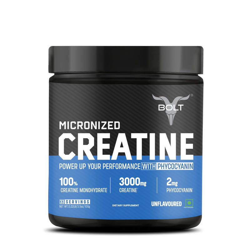 Bolt Micronised Creatine Monohydrate 3000 Powder|With Phycocyanine|Boosts Athletic Performance|Provides Energy Support For Heavy Workout|Formulated In Usa|100 Gm (0.22Lb),33 Serving|Unflavored