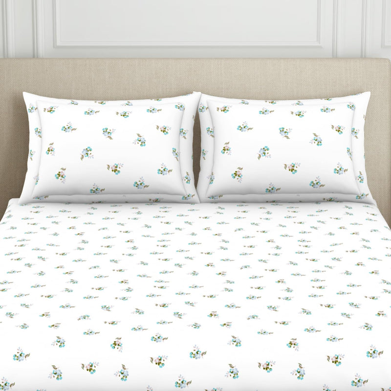 Spaces 100% Cotton Double Fitted Bedsheet with 2 Pillow Covers (Size 60 X 78 Inches) | 144 TC Fitted Sheet for Double Bed | Breathable Pure Cotton Queen Size Bedsheet | SS24 | Floral Light Blue