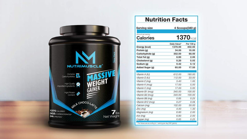 Nutrimuscle Massive Weight Gainer - 7LBS (3.175 KGS) - Choco Latte Flavour (COFFEE) - WEIGHT & MASS Gain - Contains Complex Carbohydrates, BCAA, Digestive Enzymes & Essential Vitamins & Minerals