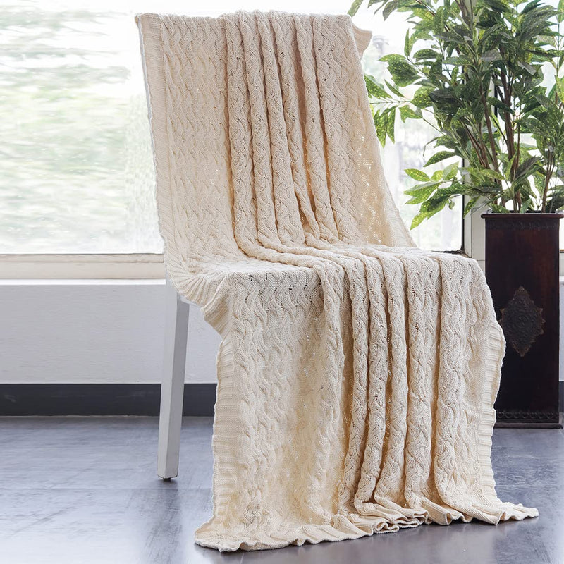 Pluchi Criss Cross Cotton Knitted All Season AC Throw Blanket in Natural Color ((125 cm x 150 cm))