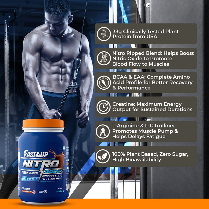 Fast&Up Nitro Boost Protein | 33g Plant Protein | 7g Nitro Ripped Blend | BCAA + EAA | Creatine, L-Arginine & L-Citrulline| Improves Endurance | Lean Muscle Gain (28 Servings, Chocolate Flavour)