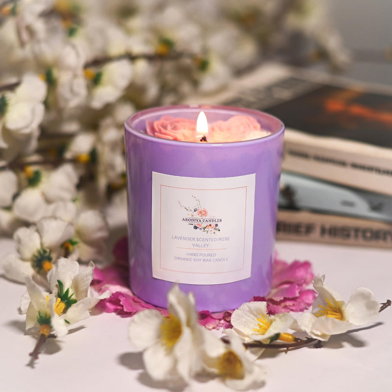 Arodiya Candles Lavender Scented Rose Valley Soy Wax Scented Candle for Women Men Wedding Birthday Christmas Gift Decorative Candle Aromatheraphy Candles Burn Upto 22 Hours (200 Gm)