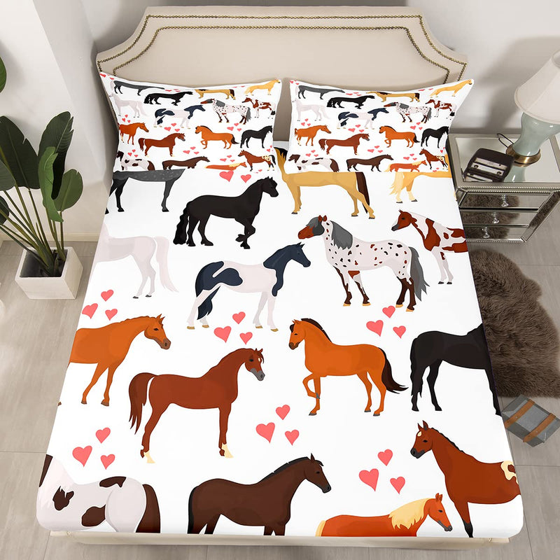 Erosebridal Horse Sheet Set Twin Farm Fitted Sheet Kids Boys Girls Teens Cute Animal Flat Sheet Cartoon Horses with Pink Lover Heart Decor Kawaii Top Sheet Cowboy Cowgirls Bed Sheet Set 3Pcs