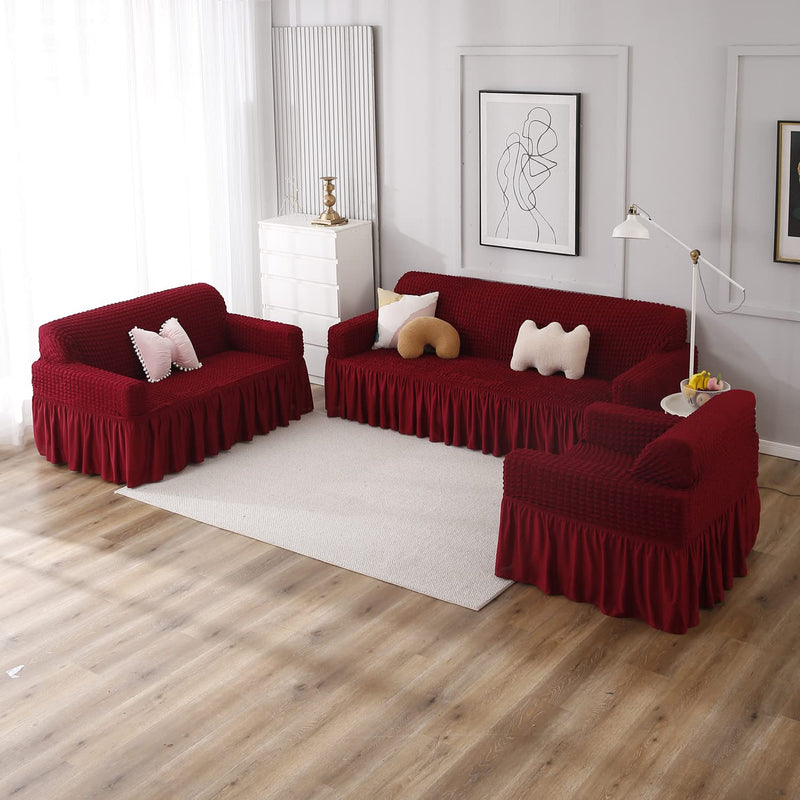 HOKIPO Stretchable Elastic Turkish Bubble Frill Cover for Sofa 3 Seater, Cherry Red (AR-4604-B5)