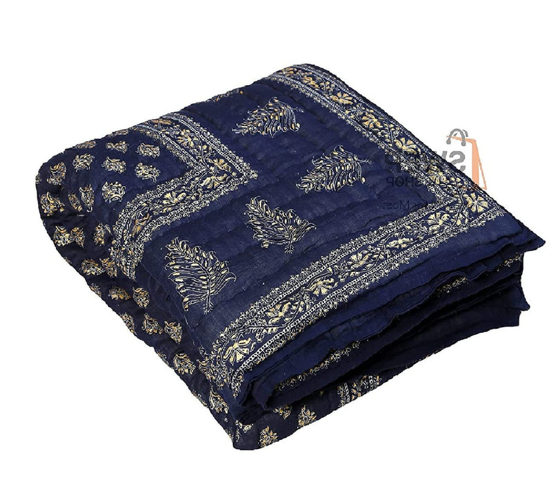 Namaste India Gold Print Jaipuri Light Weight Cotton Rajai,Razai- Dark Blue| Single Bed Quilt