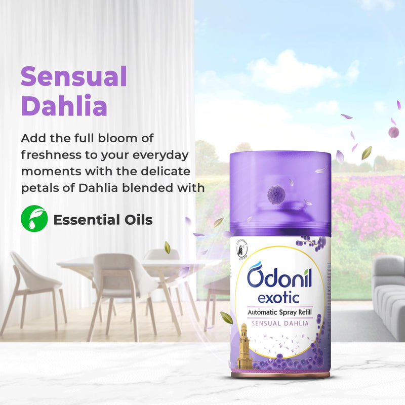 DABUR Odonil Exotic Automatic Spray - 225ml | Machine + 1 Refill | Sensual Dahlia | 2x Long Lasting | 2200 Sprays Guaranteed | Lasts upto 60 days