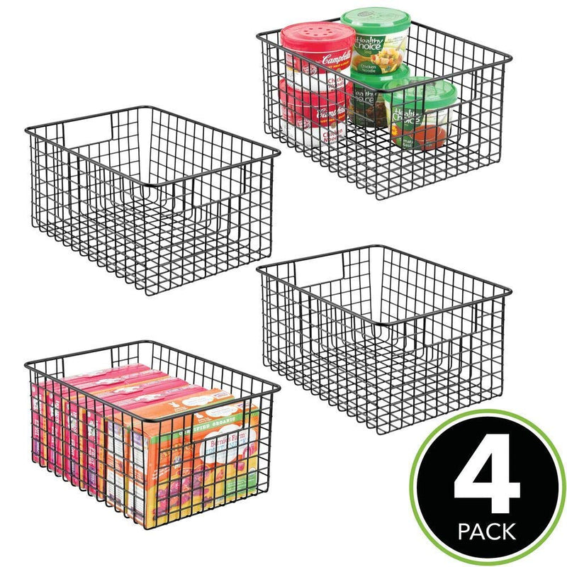 shiok decor™multipurpose steel Basket with Handles - for Kitchen Cabinets, Pantry, Bathroom, Laundry Room, Closets, Garage, 10" x 10" x 5.5" - 4 Pack - Black