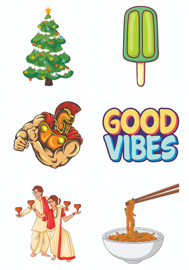 Bhai Please Christmas Tree, Icecream Green, Gladiator, Good Vibes, Bengali Couple and Noodles Wooden Fridge Magnet (Pack of 6 pcs, one pc Each Design)