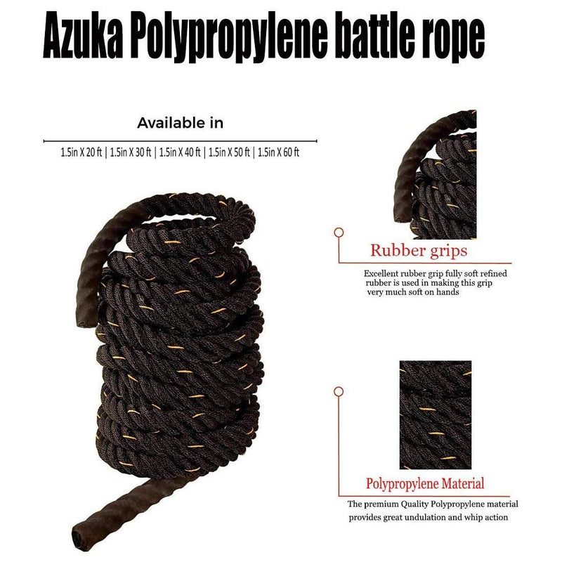 AZUKA® Ultimate Fitness Strength Training Battle Rope 1.5inch 60ft (Black Yellow),Weight-12.5kg + Free Surprise Poster Inside