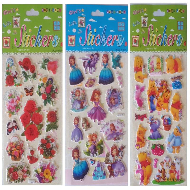 Foam self Adhesive Puffy Stickers in Multi Shapes (1Flowers-1Princes-1Teddybear) (3 Sheets)