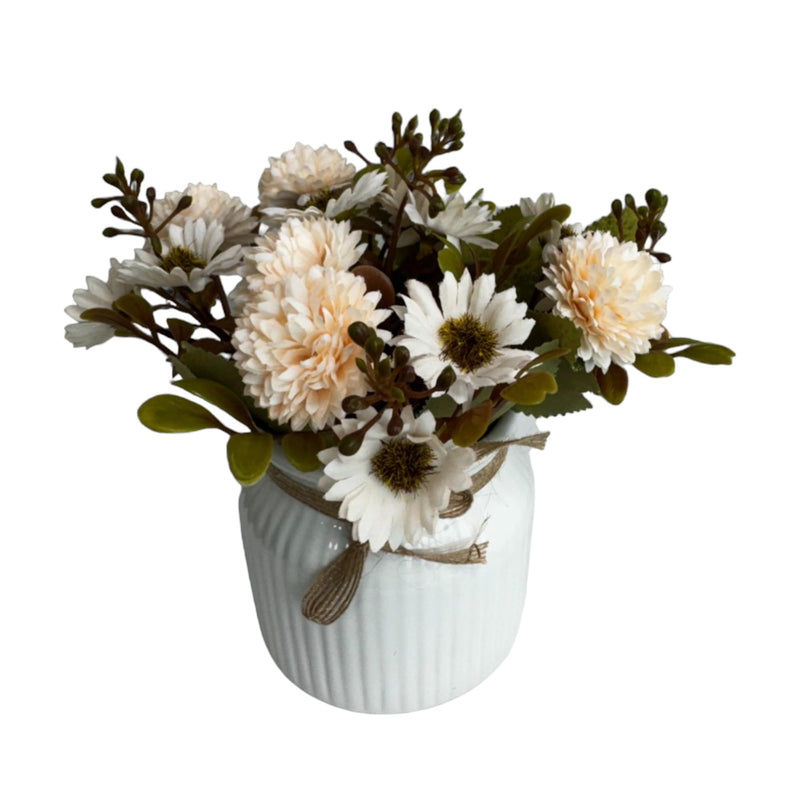 Art Street Artificial Flowers with Ceremic Vase, White Daisy & Hydrangea Flower, Fake Flowers with Pot for Table Top, Dining Table, Home, Living Room & Office (Size: 3.8x6.5 Inch)