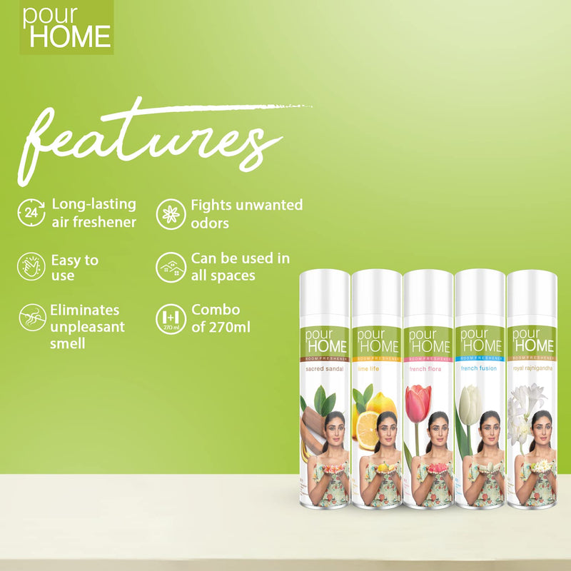 POUR HOME Sandal, Lime,Flora,Fusion,Rajnigandh Room Air Freshener Spray -220ML Each (Combo of 5) | Long-Lasting Fragrance - Reduces Odours - Suitable for Home & Office