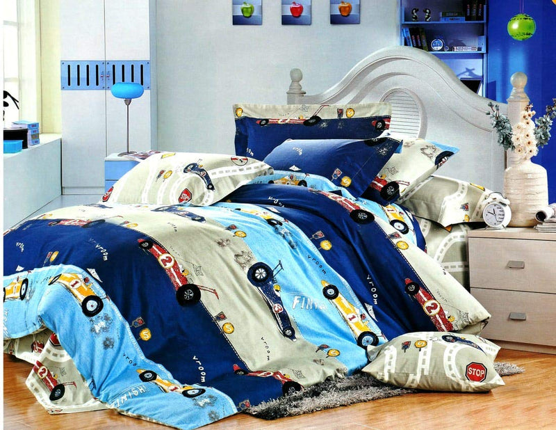 Ab Home Decor Racing Cars Cartoon Print Bedsheet for Kids Double Bed Boys/Girls - Sheet Size 90 x 100 with 2 Pillow Covers