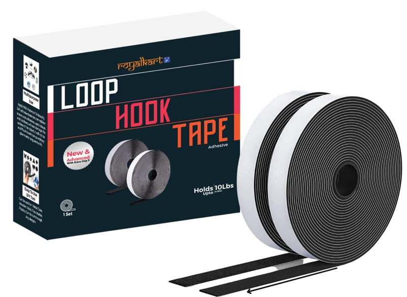 Royalkart Hook & Loop Tape Roll Strips with Adhesive Back Mounting Tape for Picture and Tools Hanging Pedal Board Fastening (5m Hook + 5m Loop) Black Stick-On Tape (Black)